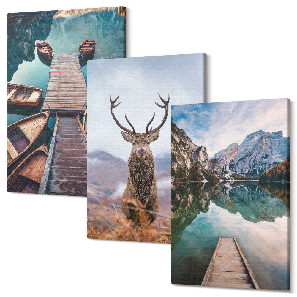 Zestaw obrazów tryptyk na ścianę Jezioro z łodziami jeleniem i górskim krajobrazem