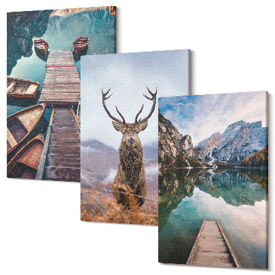 Zestaw obrazów tryptyk na ścianę Jezioro z łodziami jeleniem i górskim krajobrazem