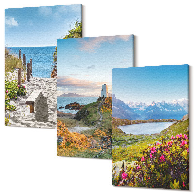 Zestaw obrazów tryptyk na ścianę Widok plaży latarni morskiej gór i kwiatów