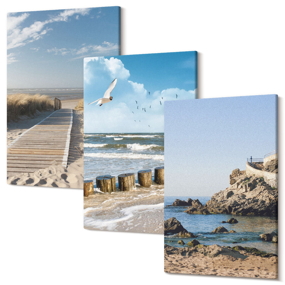Zestaw obrazów 3 części tryptyk Plaża z drewnianą ścieżką morze i klify nadmorskie