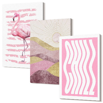 Zestaw obrazów 3 części tryptyk Różowy flamingi pastelowy górski pejzaż napis Chill
