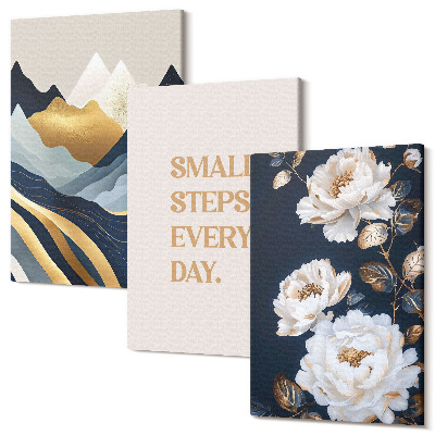 Zestaw obrazów tryptyk na ścianę Abstrakcyjne góry kwiaty i inspirujący napis