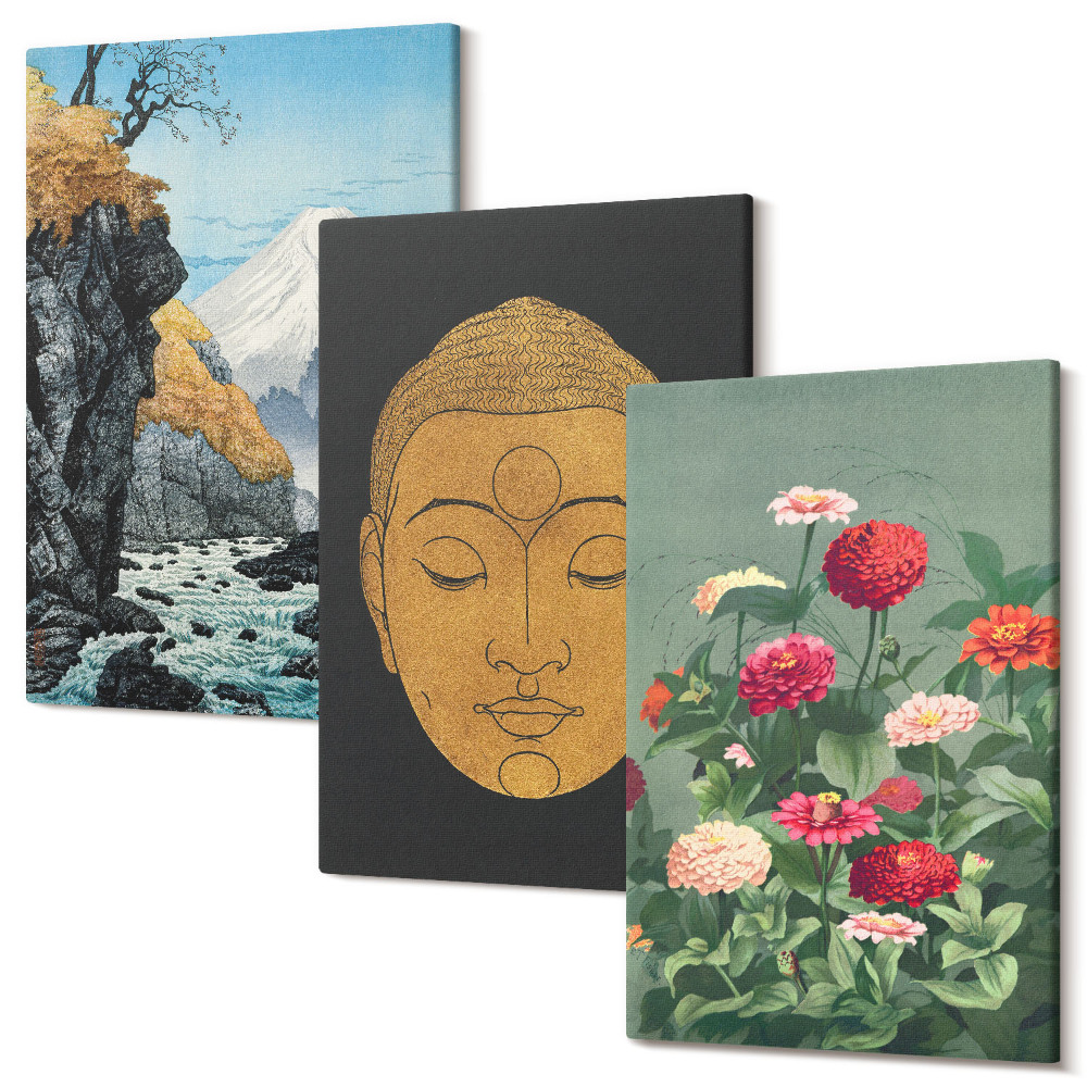 Zestaw obrazów na płótnie tryptyk Japońska natura i kultura styl japandi