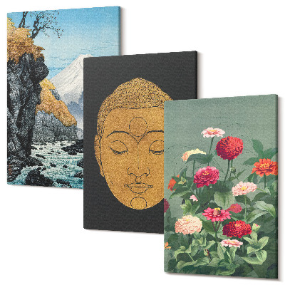 Zestaw obrazów na płótnie tryptyk Japońska natura i kultura styl japandi