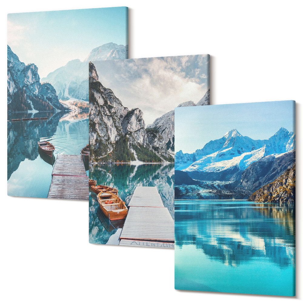 Zestaw obrazów 3 części tryptyk Górskie jeziora z łodziami i odbiciem w wodzie