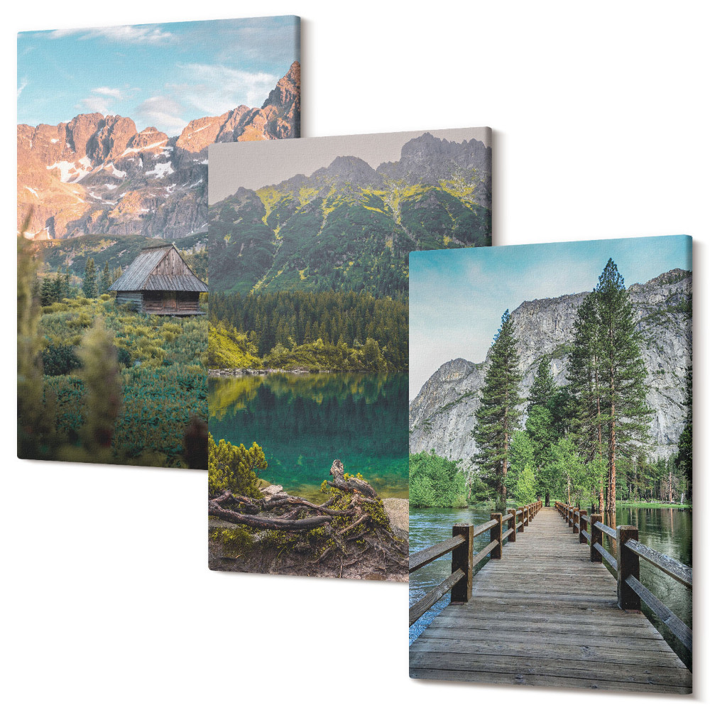 Zestaw obrazów 3 części tryptyk Górskie krajobrazy z jeziorem i drewnianym pomostem