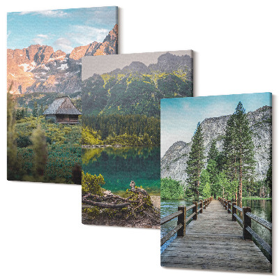 Zestaw obrazów 3 części tryptyk Górskie krajobrazy z jeziorem i drewnianym pomostem