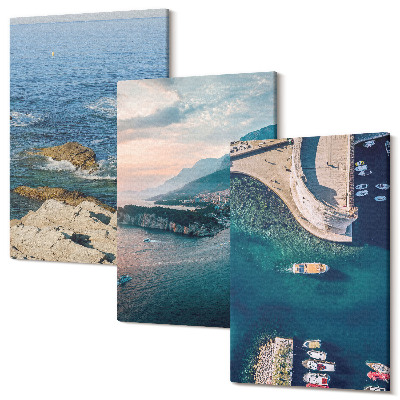 Zestaw obrazów na płótnie tryptyk Widoki morskie z klifami i portami w górach