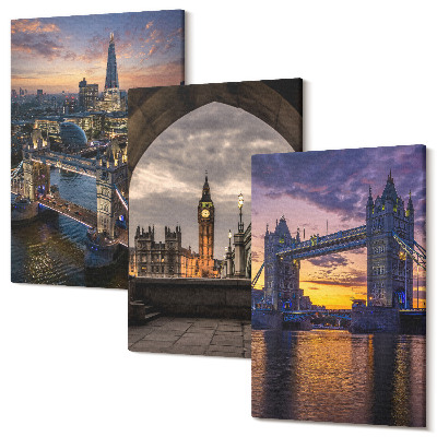 Zestaw obrazów 3 części tryptyk Widoki miasta z mostami i wieżami zegarowymi