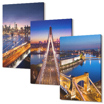 Zestaw obrazów 3 części tryptyk Widoki miast nocą z mostami i rzekami