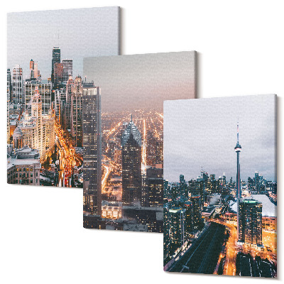 Zestaw obrazów na płótnie tryptyk Widoki miast nocą z wieżowcami i światłami