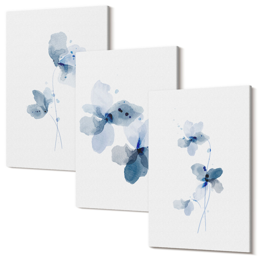 Zestaw obrazów na płótnie tryptyk Kwiaty w odcieniach niebieskiego na jasnym tle