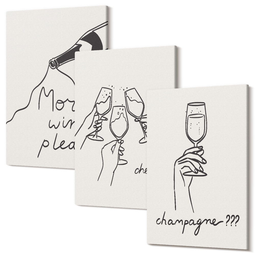 Zestaw obrazów na płótnie tryptyk Radosne chwile z winem i szampanem line-art