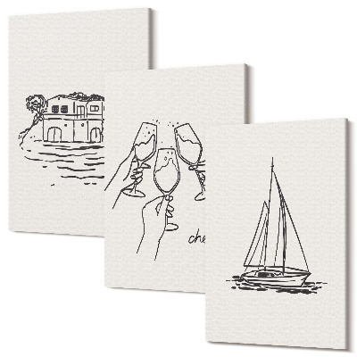 Zestaw obrazów tryptyk na ścianę Widoki na dom nad wodą toast z kieliszkami żaglówka