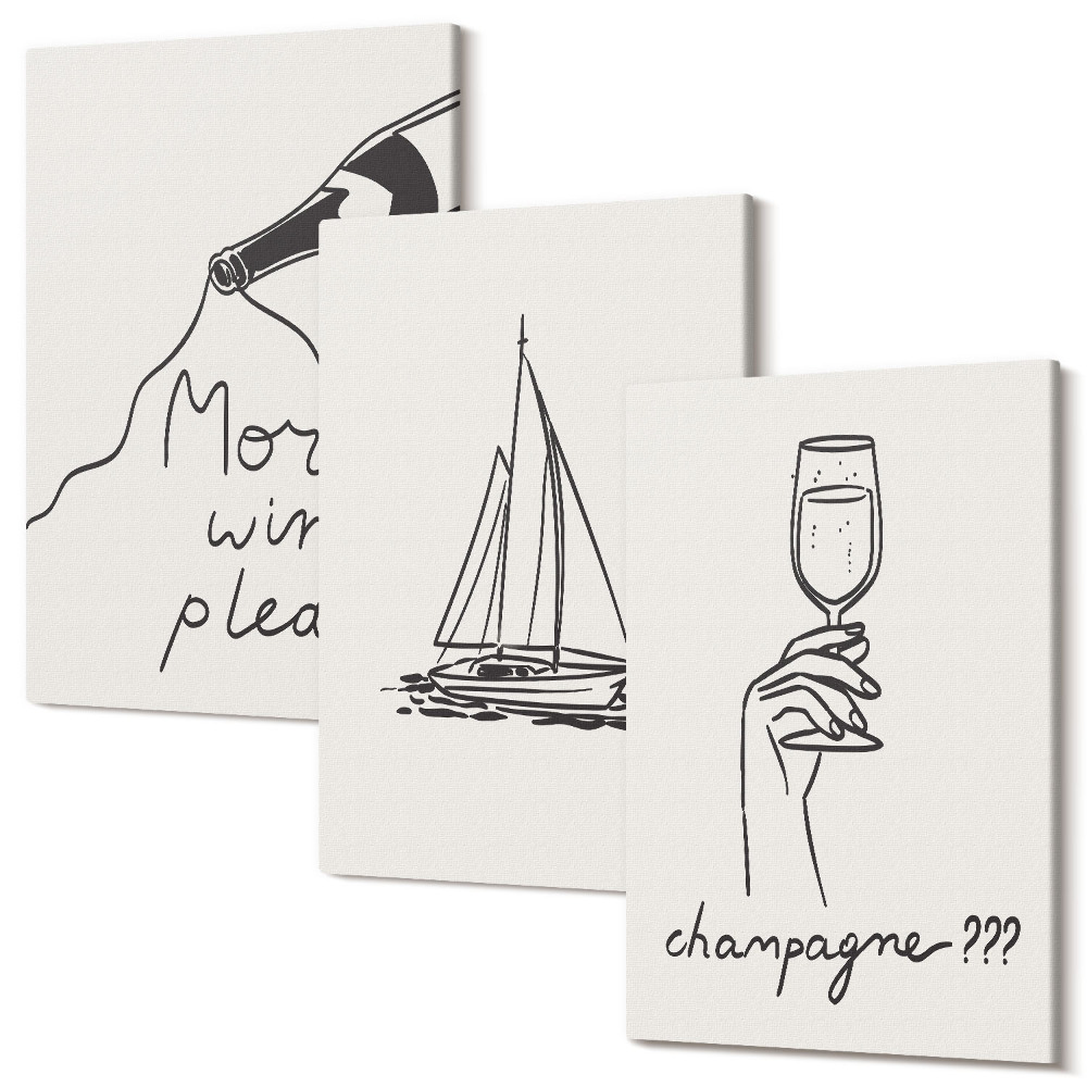 Zestaw obrazów 3 części tryptyk Wino żaglówka kieliszek szampana styl linearny