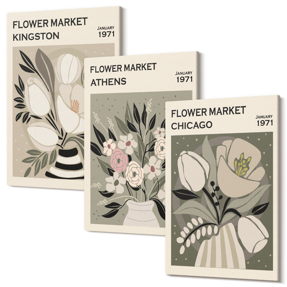 Zestaw obrazów 3 części tryptyk Kwiatowe kompozycje z różnych miast w stylu retro