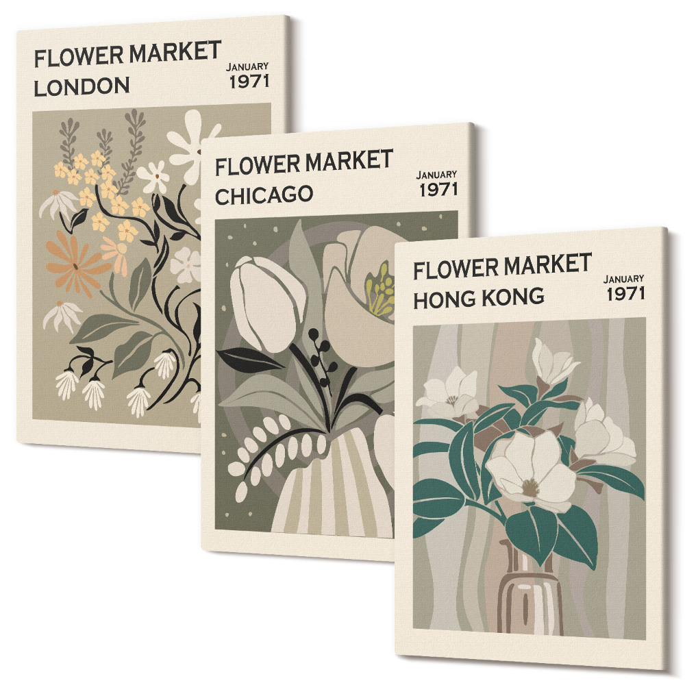 Zestaw obrazów na płótnie tryptyk Kwiatowe targi w Londynie Chicago i Hongkongu