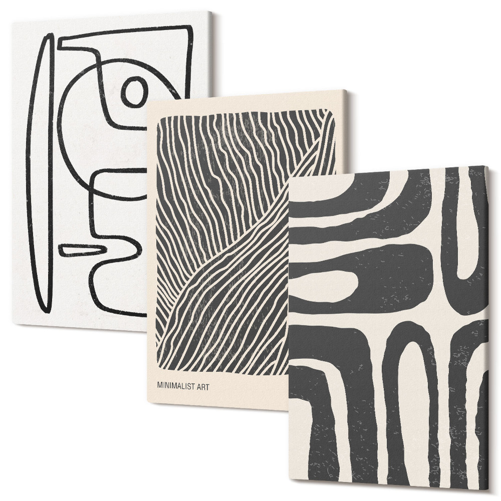 Zestaw obrazów 3 części tryptyk Abstrakcyjne wzory z liniami i teksturami na tle jasnym