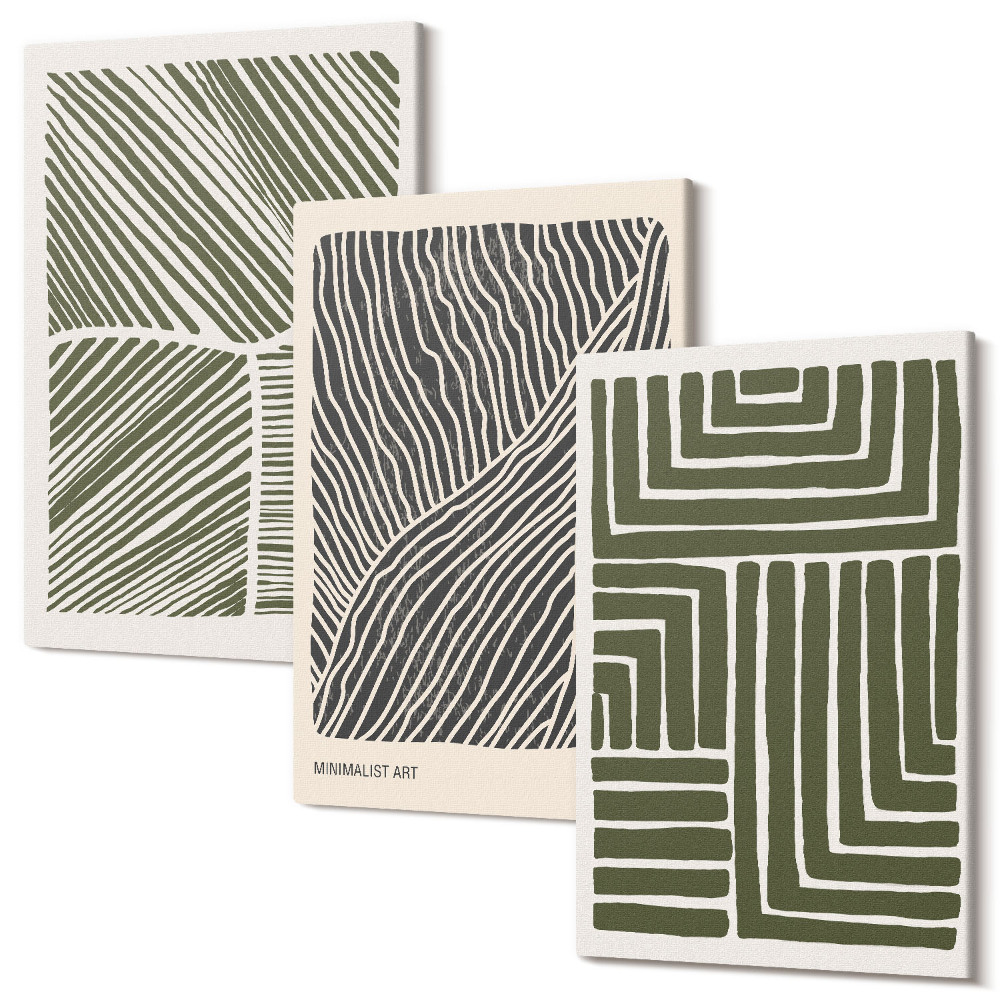 Zestaw obrazów na płótnie tryptyk Wzory linii i kształtów w odcieniach zieleni