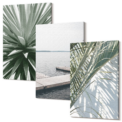 Zestaw obrazów tryptyk na ścianę Liście palmowe roślina i drewniany pomost
