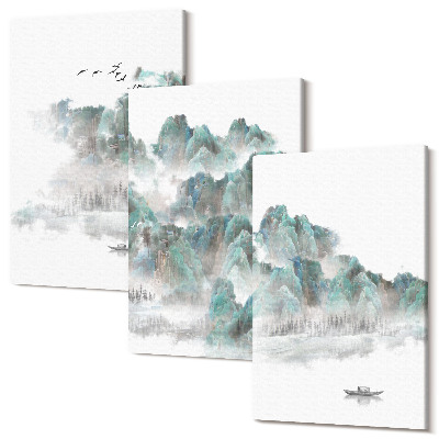 Zestaw obrazów 3 części tryptyk Góry w chmurach z ptakami i łodzią na wodzie japandi