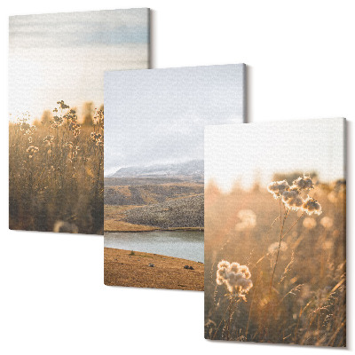 Zestaw obrazów 3 części tryptyk Krajobrazy z łąkami górami i jeziorem w tle