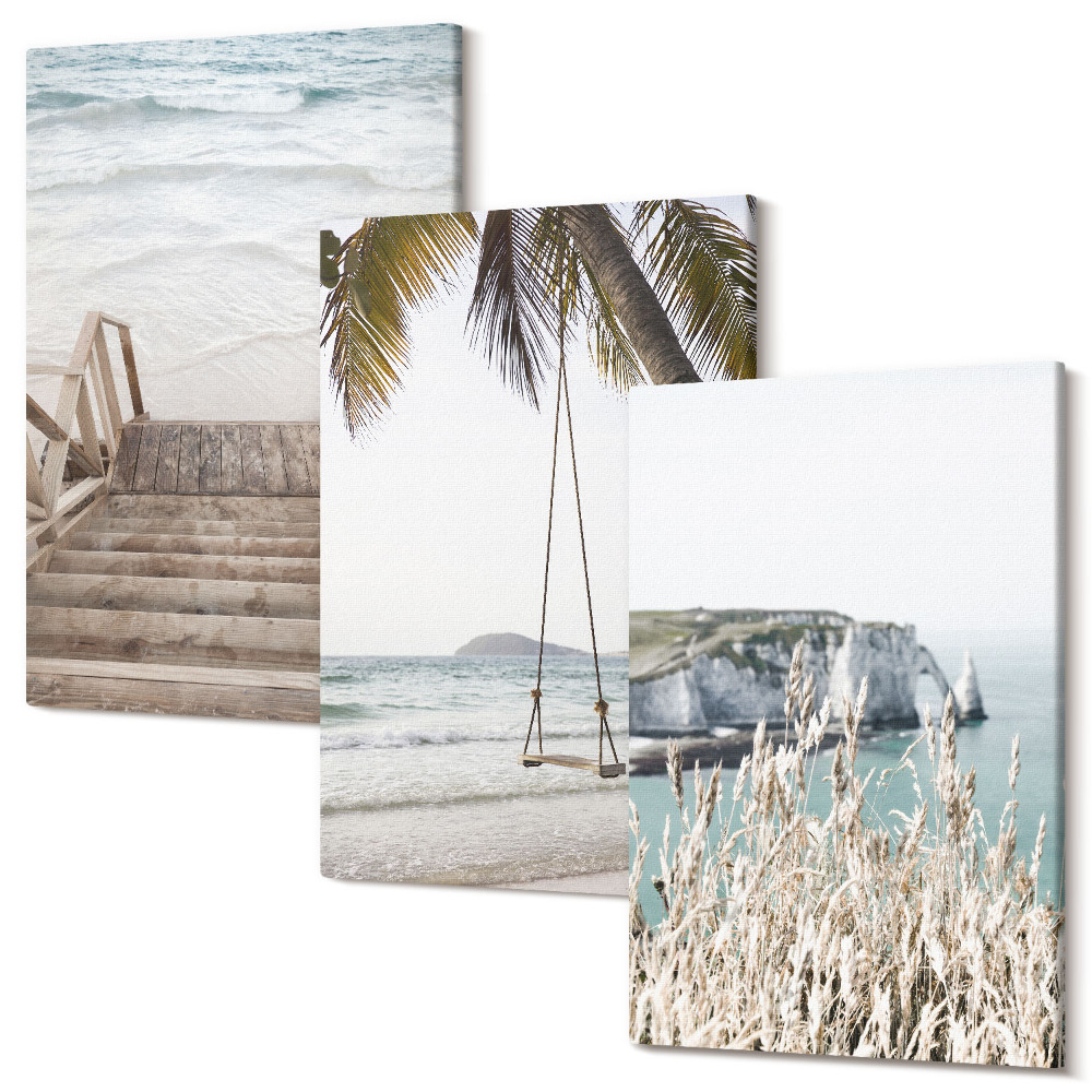 Zestaw obrazów tryptyk na ścianę Plaża z drewnianymi schodami i huśtawką nad morzem