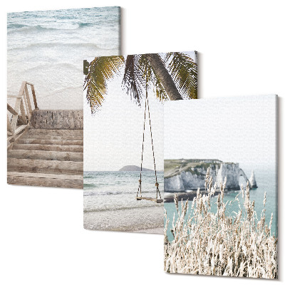 Zestaw obrazów tryptyk na ścianę Plaża z drewnianymi schodami i huśtawką nad morzem