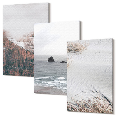 Zestaw obrazów 3 części tryptyk Góry chmury morze i piasek w naturalnych odcieniach