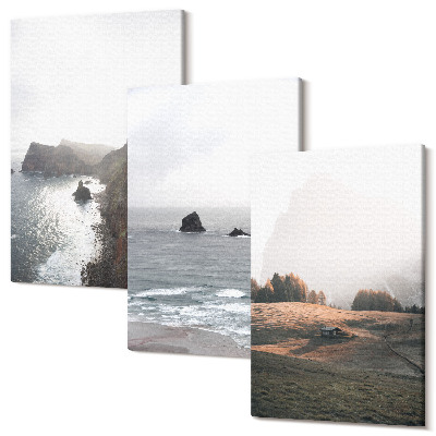 Zestaw obrazów tryptyk na ścianę Krajobrazy górskie i morskie z chmurami i lasami