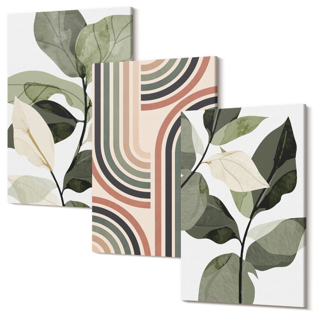 Zestaw obrazów na płótnie tryptyk Roślinne motywy z geometrycznymi wzorami w odcieniach zieleni