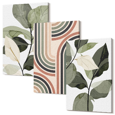 Zestaw obrazów na płótnie tryptyk Roślinne motywy z geometrycznymi wzorami w odcieniach zieleni