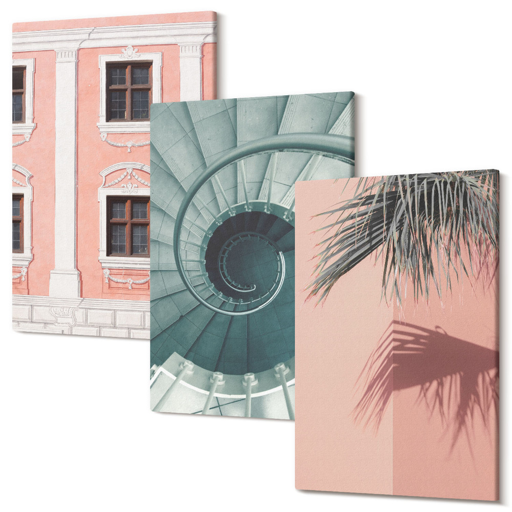 Zestaw obrazów na płótnie tryptyk Architektura w pastelowych odcieniach i wzory spiralne
