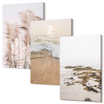 Zestaw obrazów 3 części tryptyk Plażowe trawy fale i kamienie nadmorskie boho