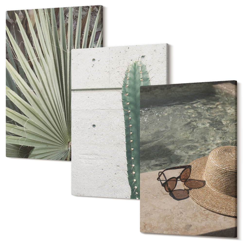 Zestaw obrazów tryptyk na ścianę Rośliny tropikalne i wakacyjne akcesoria nad wodą