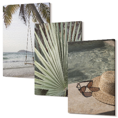Zestaw obrazów 3 części tryptyk Plaża z huśtawką liść palmy wakacje