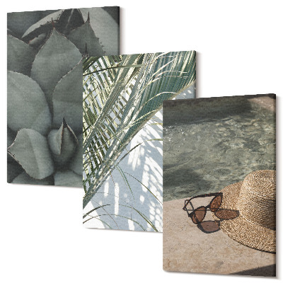 Zestaw obrazów tryptyk na ścianę Tropikalne rośliny i letnie wakacyjne akcenty