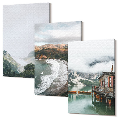Zestaw obrazów na płótnie tryptyk Widoki gór i plaży z chmurami i wodą