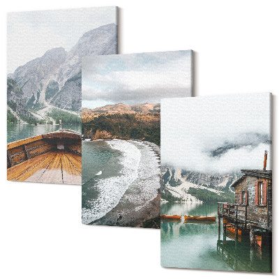 Zestaw obrazów 3 części tryptyk Widok gór nad jeziorem z łodzią i plażą pejzaże