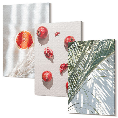 Zestaw obrazów na płótnie tryptyk Wakacyjne owoce tropikalne liście palmy