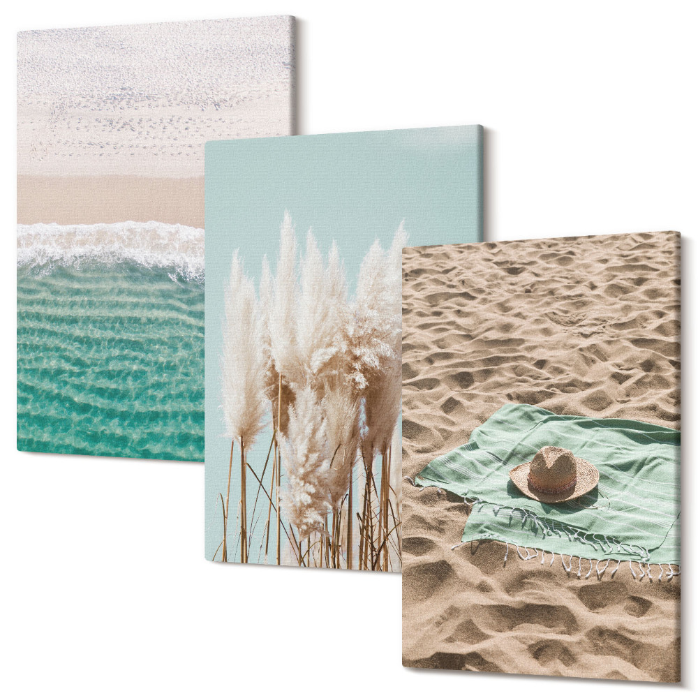 Zestaw obrazów na płótnie tryptyk Plaża fale trawa kapelusz piasek relaks natura