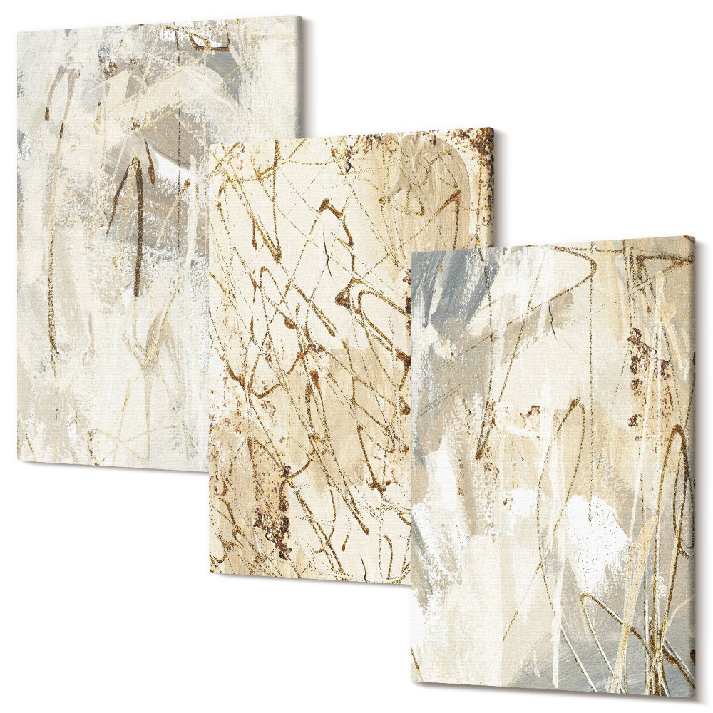 Zestaw obrazów 3 części tryptyk Abstrakcyjne wzory w odcieniach beżu i szarości