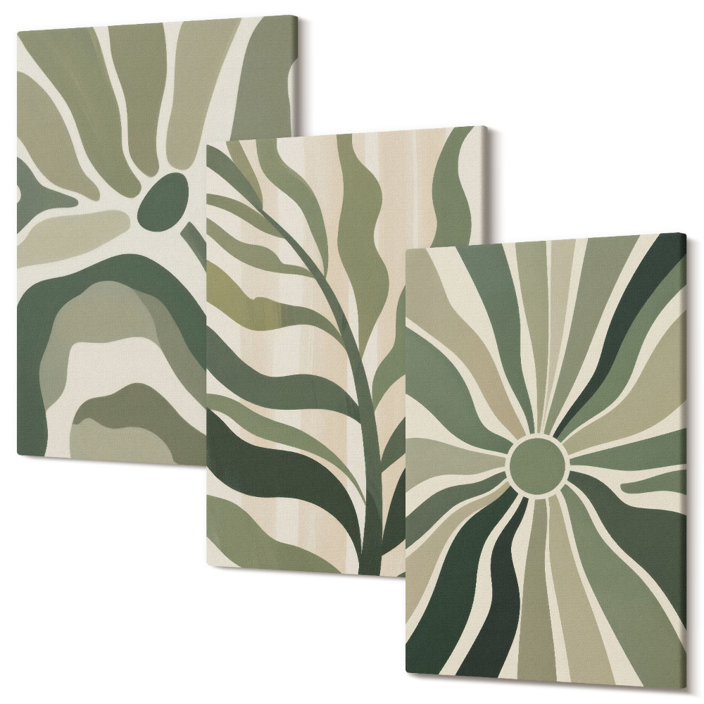 Zestaw obrazów tryptyk na ścianę Wzory roślinne w odcieniach zieleni i beżu