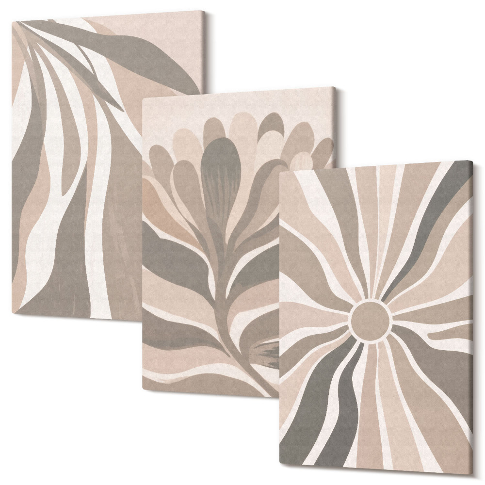 Zestaw obrazów 3 części tryptyk Abstrakcyjne wzory roślinne w odcieniach beżu i brązu