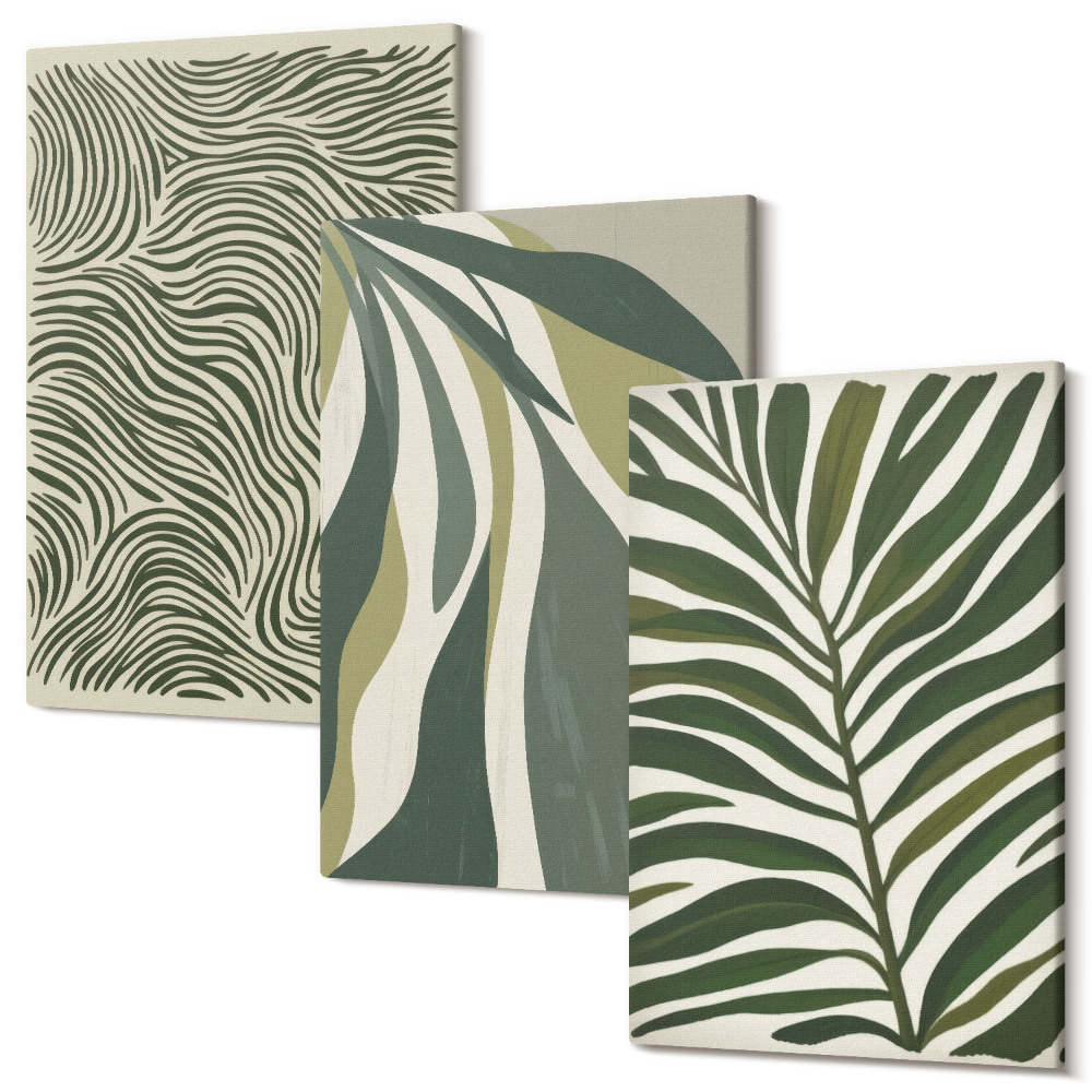 Zestaw obrazów tryptyk na ścianę Wzory liści i faliste linie w odcieniach zieleni