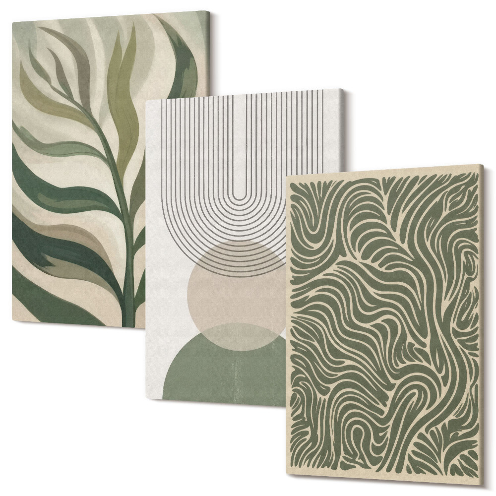 Zestaw obrazów tryptyk na ścianę Liście i geometryczne kształty abstrakcja