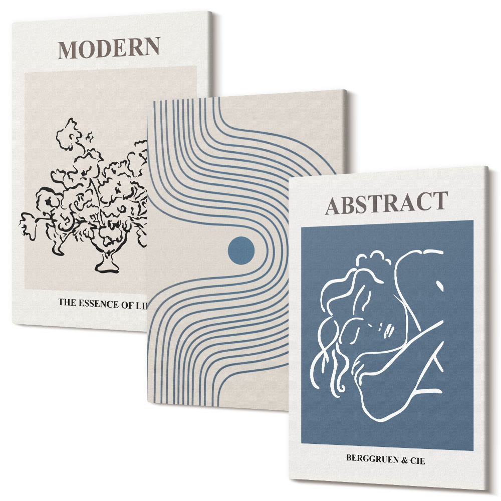 Zestaw obrazów na płótnie tryptyk Kwiaty linie i abstrakcyjne kształty postery