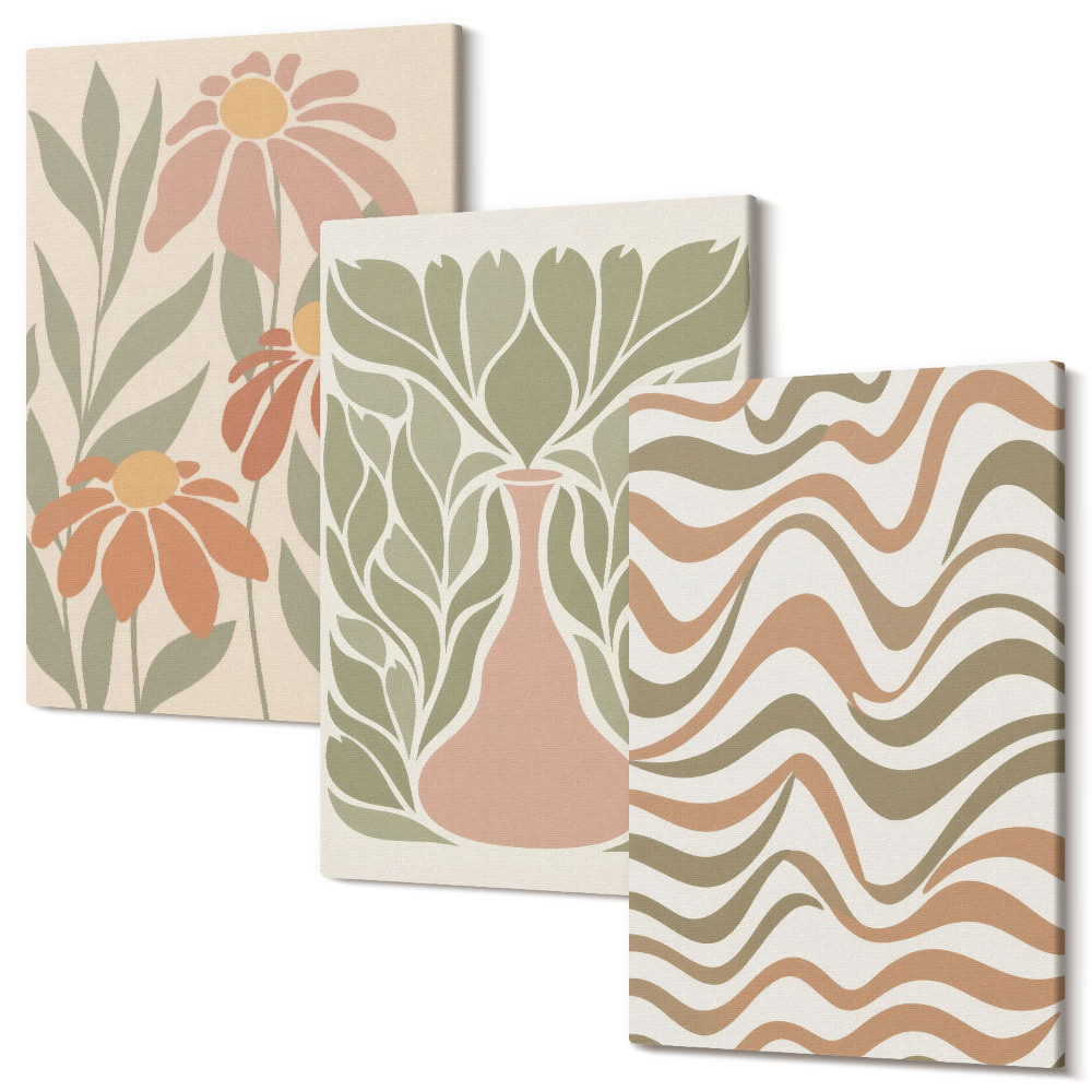 Zestaw obrazów na płótnie tryptyk Pastelowe ilustracje kwiatowe falista abstrakcja