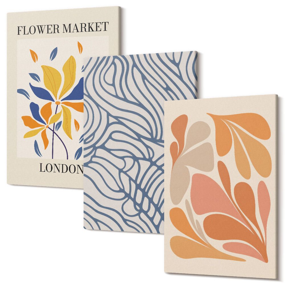 Zestaw obrazów 3 części tryptyk Kwiaty w stylu nowoczesnym z abstrakcyjnymi wzorami