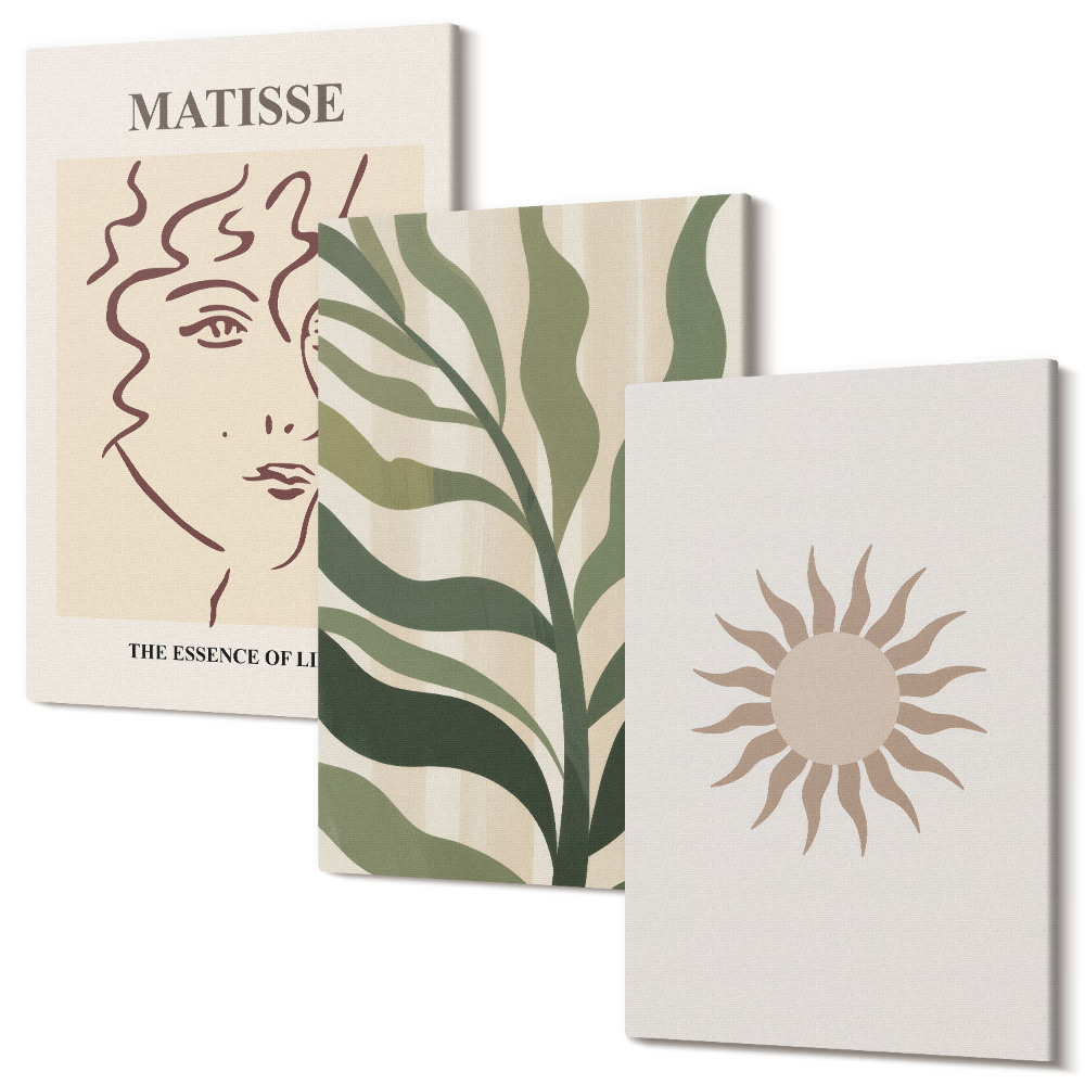 Zestaw obrazów tryptyk na ścianę Abstrakcyjne wzory roślinne i linie w stonowanej kolorystyce